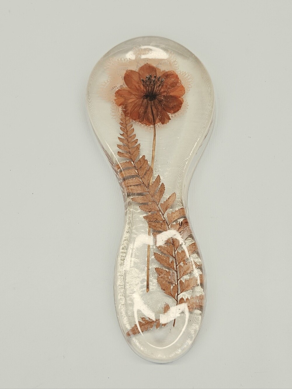 Vintage Spoon Rest Brown Orange Floral Doilie Acryllic Resin Grannycore Cottage
